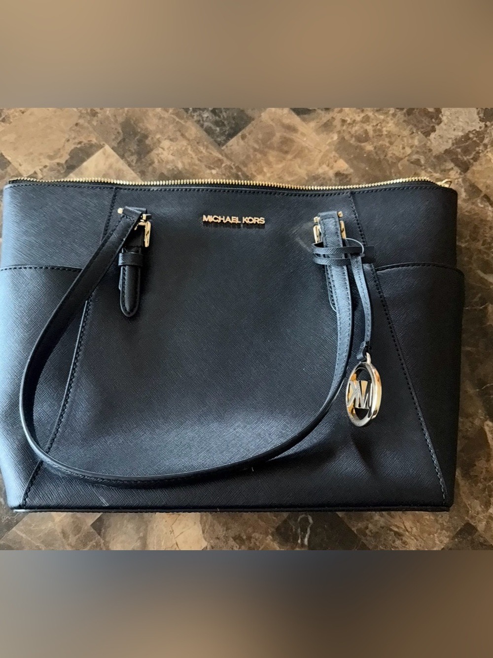 Michael Kors Black Leather Charlotte Large Tote Bag with Gold Hardware. BNWT